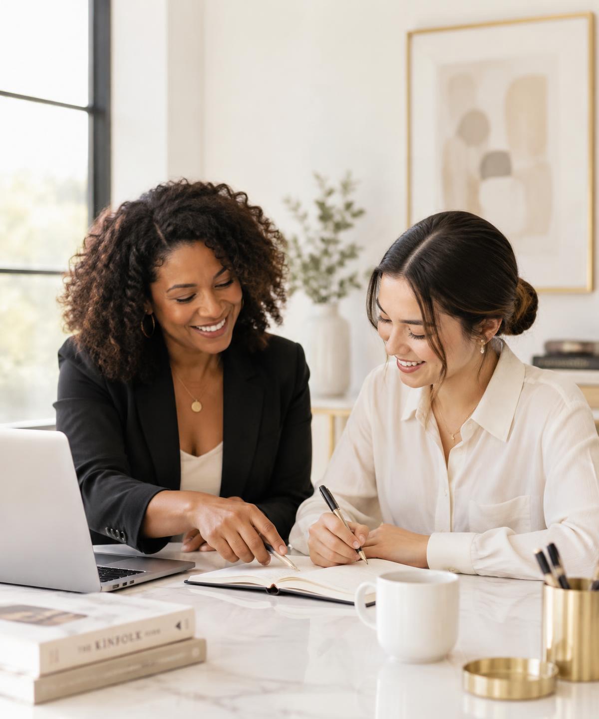 A mentor and a new agent reviewing notes together